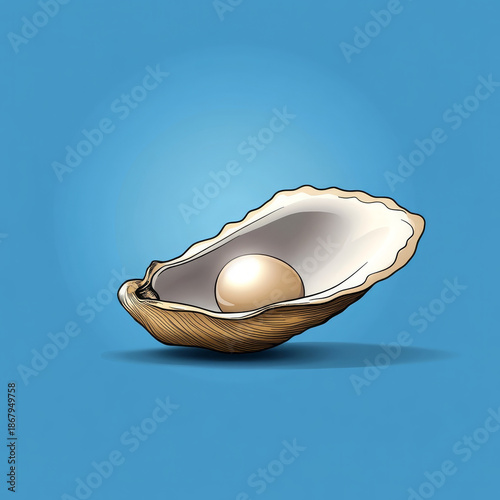 Oyster shell pearl illustration, shiny, hand drawn, blue background, elegant, simple style