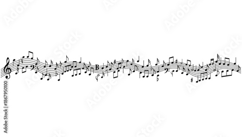 Musical notes flowing in a continuous wave pattern across a white background