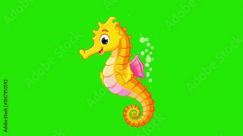 A vibrant, cartoon seahorse with curly tail and playful expression on a green screen backdrop.