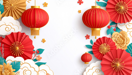 Chinese New Year Celebration with Paper Cut Style Ornaments and Lanterns on White Background