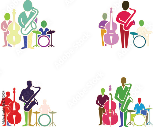 Colorful Jazz Band Silhouettes Playing Instruments