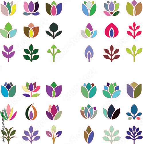 Colorful lotus and leaf in various shades and styles