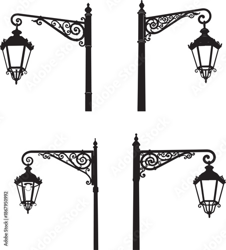 Four Ornate Black Street Lamps with Decorative Ironwork
