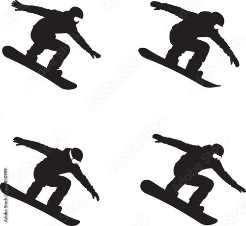 Four Silhouettes of Snowboarders in Action snowboarding