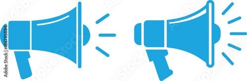 Two blue megaphone icons, one facing left and one facing right, on white background