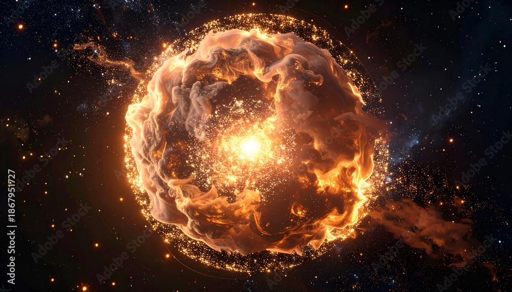 Fototapeta premium Bright, explosive cosmic event with glowing outer regions in deep space