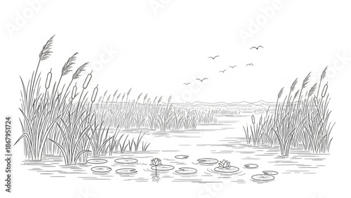 A serene and peaceful vector illustration of a marshy wetland with cattails and water lilies
