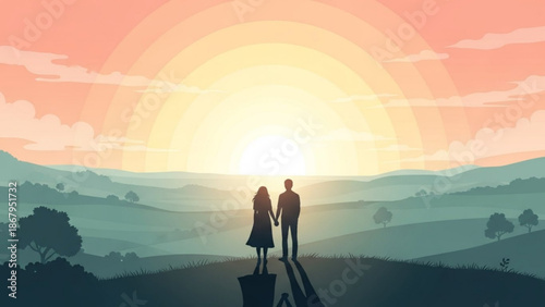 Couple holding hands on a hilltop at sunrise looking towards the horizon with rolling hills and a vibrant sky symbolizing hope and new beginnings