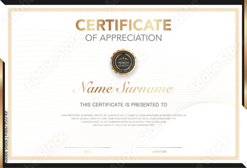 Elegant certificate of appreciation template with gold and black design, premium quality award diploma for achievement, education, business, corporate recognition and formal ceremony use.