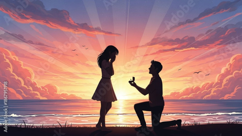 Couple silhouetted at sunset on beach man proposing with ring romantic moment for wedding or engagement concept beautiful sky