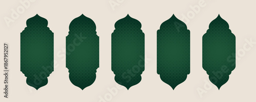 Set of green patterned arabic arch elements with subtle texture for traditional islamic design