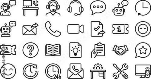 Customer Support and Helpdesk Service Line Icons Set, Contact Center and Ticket System Outline Symbols