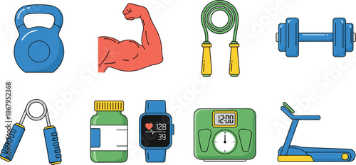 Colorful fitness and bodybuilding vector icon set featuring flat-design illustrations of a kettlebell, bicep muscle, dumbbell, jump rope, treadmill, and smart fitness tracker.