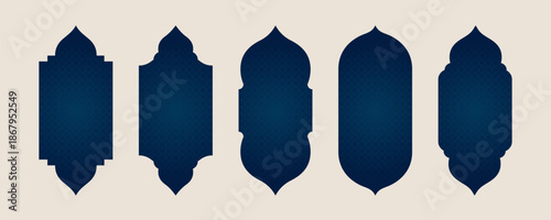 Set of dark blue patterned islamic window arches with geometric ornament for ramadan mubarak background