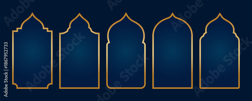 Collection of gold line islamic mosque gate silhouettes and window borders on blue for religious design