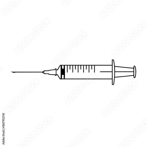 Medical Syringe with Needle, Healthcare and Vaccination Concept Black Outline Vector Illustration