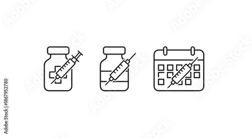 Vaccination and Immunization Schedule Icon Set with Medical Vials, Syringes, and Calendar Outline Vector
