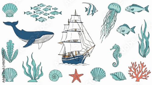 Collection of marine life and sailing ship illustrations.