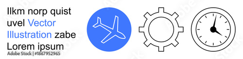 Travel logistics, time management, business operations, scheduling, industry processes, productivity . Blue airplane, gear and clock icons. Travel logistics and time management concepts