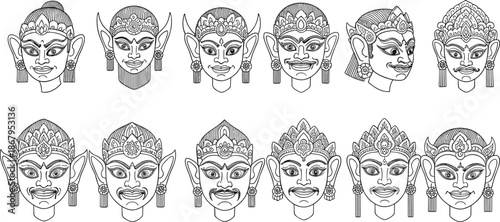 Intricate black and white line art vector collection of traditional Asian theatrical masks featuring highly detailed decorative headgear, expressions, and ornate cultural symbols.