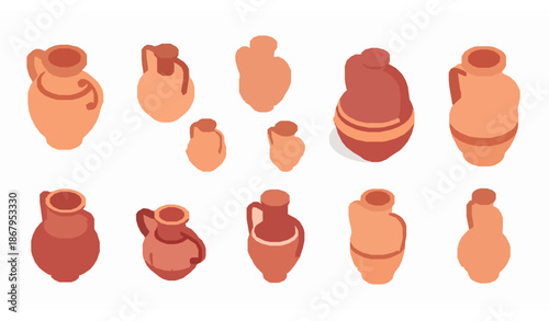 Isometric cartoon amphora vector icons set for web design, museums, and educational illustrations