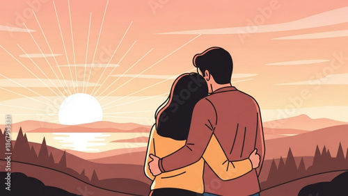 Couple embracing and watching a beautiful sunset over a serene landscape symbolizing love and togetherness perfect for romantic themes and travel