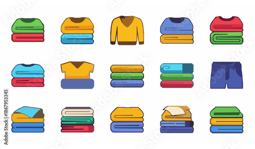 Folded clothes stack icons set in flat cartoon style for laundry, organization, and home design