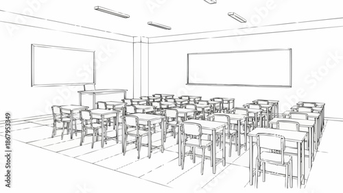 Empty Classroom Sketch with Desks and Whiteboards.