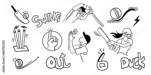 cricket doddle design set, Hand drawn design set, cricket background design for poster, medal ,trophy's, design element for game of cricket, out, wicket, female cricket. 