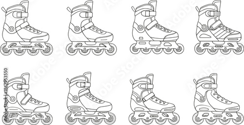 Minimalist black and white line art vector collection of inline skates and rollerblades featuring various technical designs for urban fitness and extreme sports.
