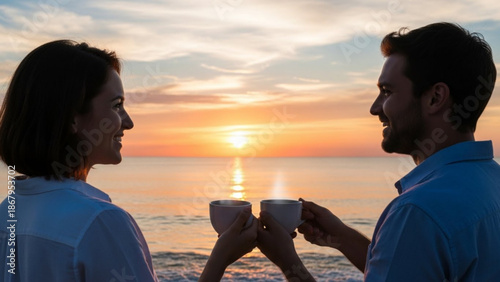 Couple toasting coffee cups at sunrise on beach romantic morning by the ocean serene vacation concept