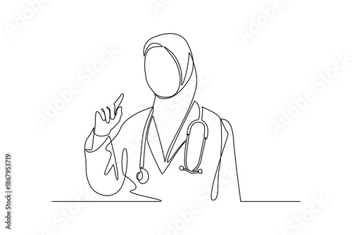 hijab doctor raises hand. National Doctor Day Concept. Single line draw design. Vector graphic illustration