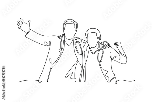 two doctor friends embrace. National Doctor Day Concept. Single line draw design. Vector graphic illustration