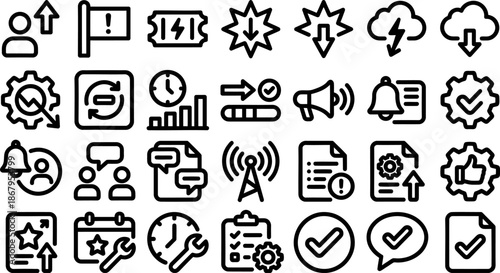 SaaS Incident Alert and System Monitoring Line Icons Set, Error Handling and Status Workflow Outline Symbols