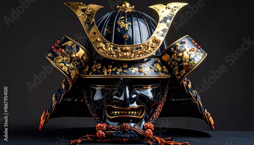 Elaborate Japanese Samurai helmet, black and gold, face mask, close-up view