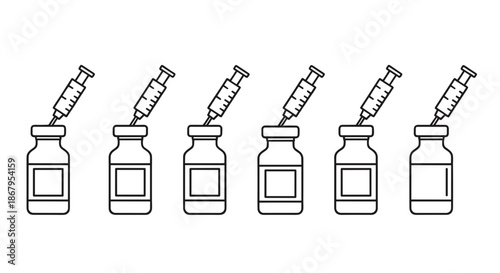 Set of medical vaccine vials with syringes minimalist black line art vector icons representing vaccination doses or immunization steps