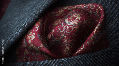A close-up shot of a sophisticated patterned pocket square in a suit jacket