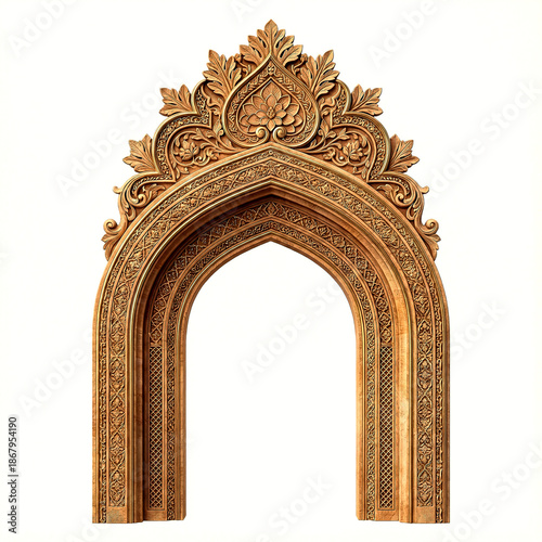 Ornate golden archway with intricate floral and geometric carvings and symmetrical isolated on a transparent background