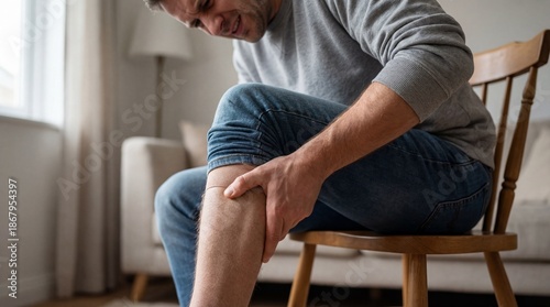 Adult seated indoors, gripping one calf muscle with a hand while leg is slightly extended. Neutral blurred background emphasizes physical strain, tension, and everyday everyday leg discomfort.