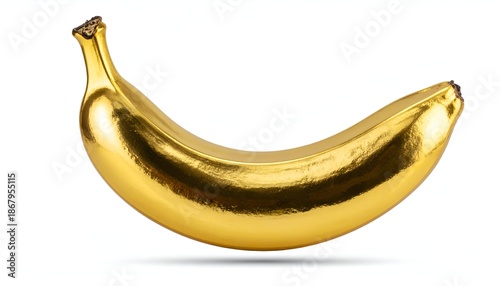 A single, curved banana gleaming with a golden, reflective surface