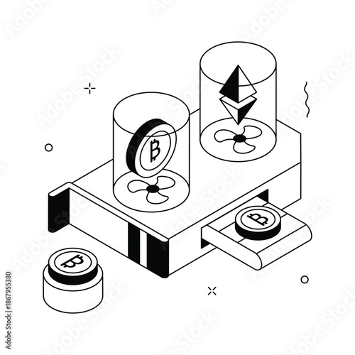 Modern isometric illustration of bitcoin mining process in crypto network