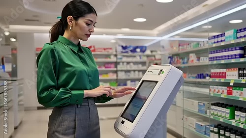Woman using a digital kiosk in a pharmacy while browsing health products on shelves behind her