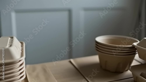 Hands arranging eco friendly food containers in natural light