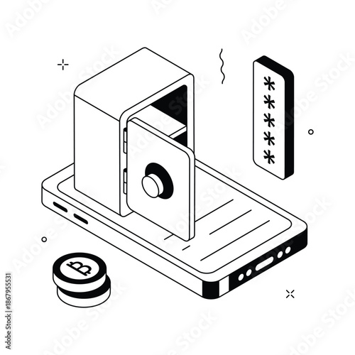 An editable isometric illustration showing secure crypto wallet technology