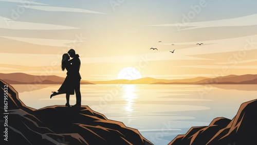 Couple embracing on a cliff overlooking the ocean at sunset romantic silhouette illustration for travel and love concepts serene landscape with warm sky