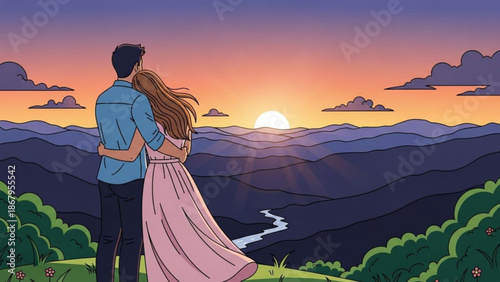 Couple embracing and watching a vibrant sunset over rolling hills and a river romantic outdoor scene for travel and lifestyle concepts