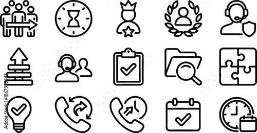 SaaS Support Team Performance and Workflow Line Icons Set, Helpdesk Operations Outline Symbols