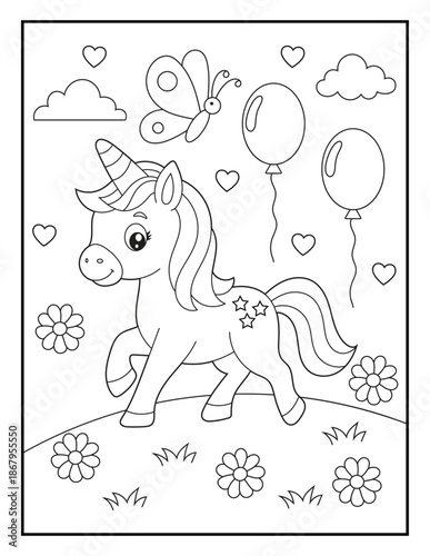 Wallpaper Mural Cute Unicorn Coloring Page for Kids. Happy Fantasy  Character with Balloons and Butterfly. Clean black and white outlines with a simple cartoon style Torontodigital.ca