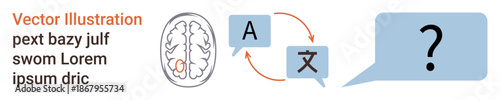 Language learning, AI translation, communication, education, linguistics, brain processes. Brain with text symbols and translation arrows. Language learning and AI translation