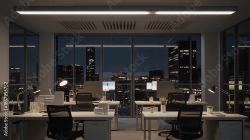 Empty Modern Office Interior with City Skyline at Night.